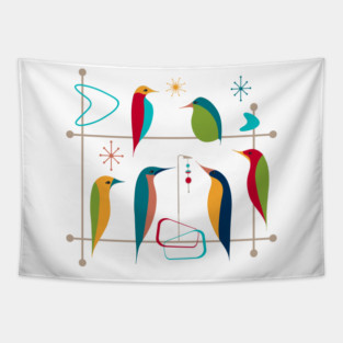 Retro Mid-Century Modern Birds 50s 60s Style Tapestry