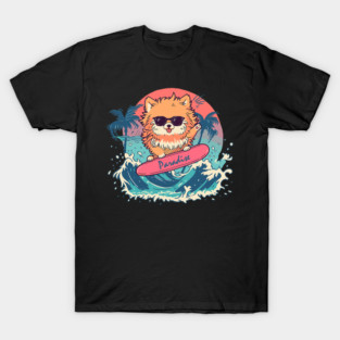 Pomeranian Dog Surfing the Waves in Paradise Sunglasses T-Shirt