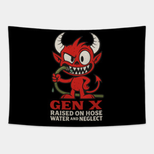 Gen X Raised on Hose Water and Neglect | Funny Nostalgia Devil Cartoon Tapestry