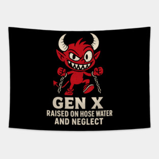 Gen X Raised on Hose Water and Neglect | Funny Nostalgia Devil Cartoon Tapestry