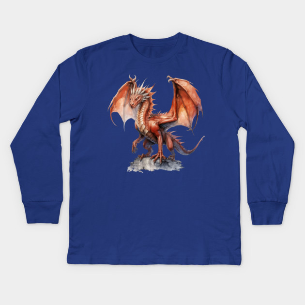 Red Dragon – Fantasy Fire-Breathing Beast Art Kids Long Sleeve T-Shirt by Kathy Hawke