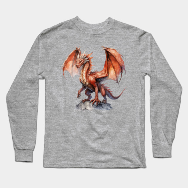 Red Dragon – Fantasy Fire-Breathing Beast Art Long Sleeve T-Shirt by Kathy Hawke