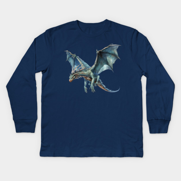 Blue Flying Dragon – Fantasy Creature Art Kids Long Sleeve T-Shirt by Kathy Hawke