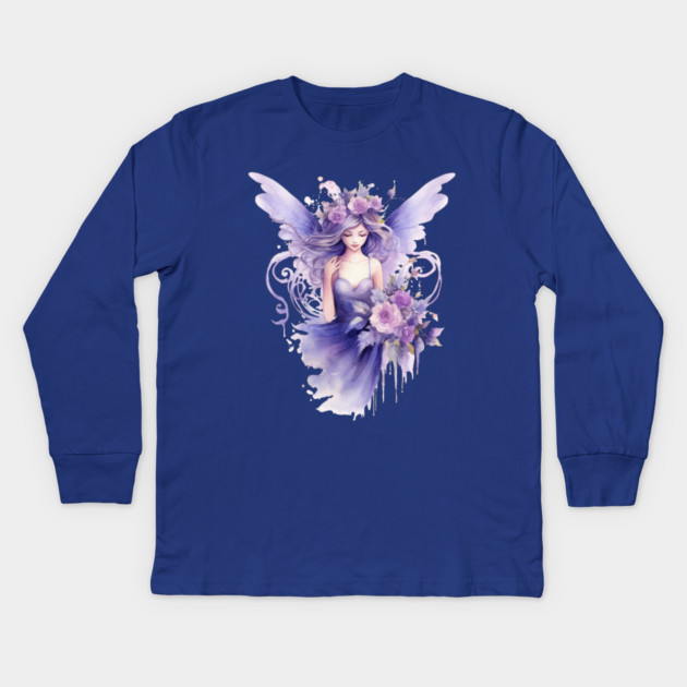 Purple Fairy – Magical Fantasy Flower Art Kids Long Sleeve T-Shirt by Kathy Hawke