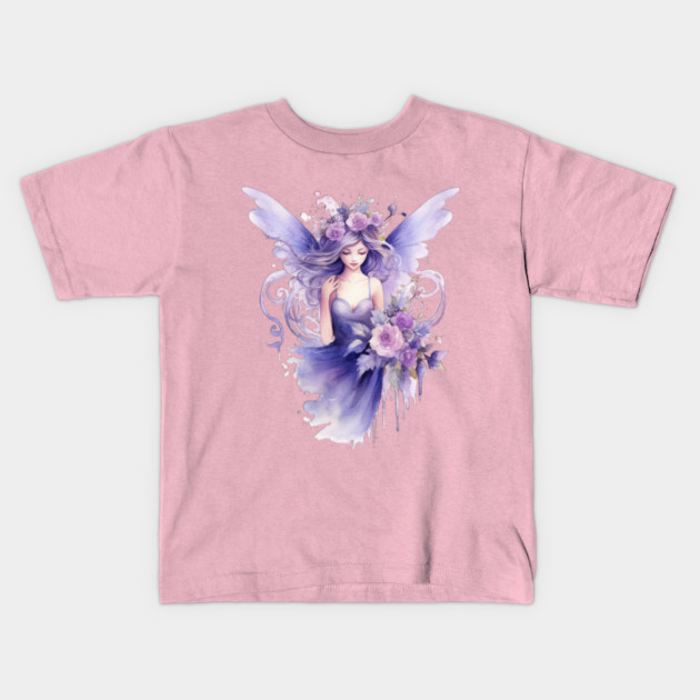 Purple Fairy – Magical Fantasy Flower Art Kids T-Shirt by Kathy Hawke