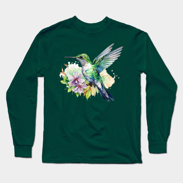 Hummingbird Flower – Colorful Nature Art Long Sleeve T-Shirt by Kathy Hawke