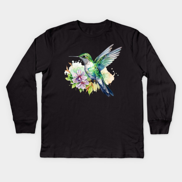 Hummingbird Flower – Colorful Nature Art Kids Long Sleeve T-Shirt by Kathy Hawke