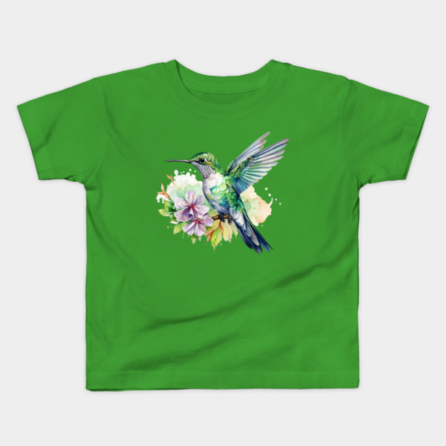Hummingbird Flower – Colorful Nature Art Kids T-Shirt by Kathy Hawke