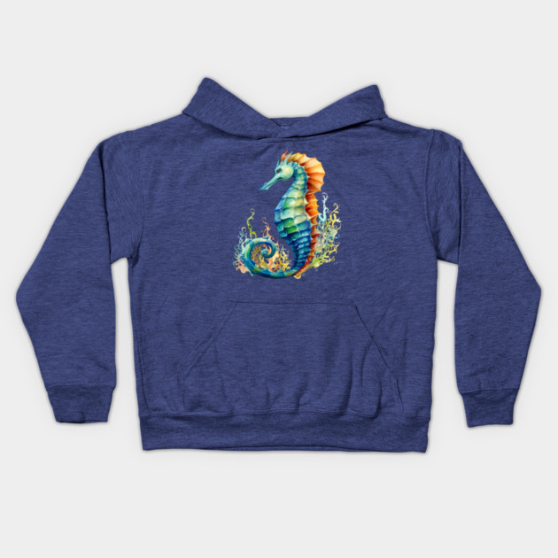 Colorful Seahorse – Ocean Rainbow Marine Art Kids Hoodie by Kathy Hawke