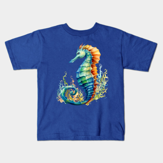 Colorful Seahorse – Ocean Rainbow Marine Art Kids T-Shirt by Kathy Hawke
