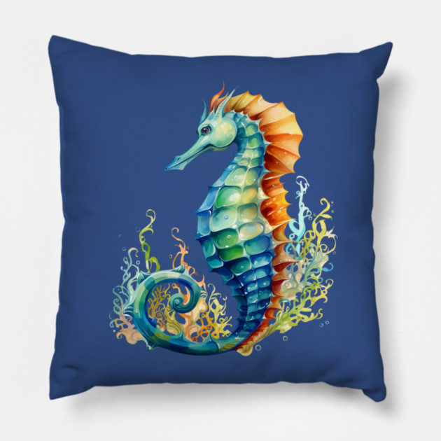 Colorful Seahorse – Ocean Rainbow Marine Art Pillow by Kathy Hawke