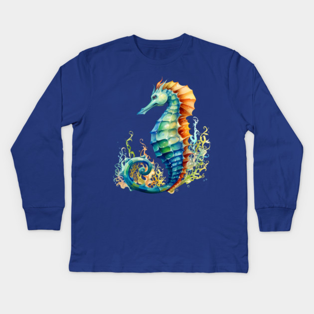 Colorful Seahorse – Ocean Rainbow Marine Art Kids Long Sleeve T-Shirt by Kathy Hawke