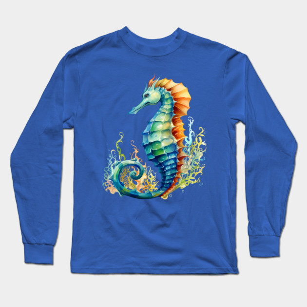 Colorful Seahorse – Ocean Rainbow Marine Art Long Sleeve T-Shirt by Kathy Hawke