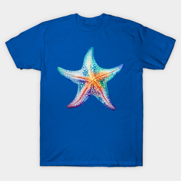 Rainbow Starfish – Colorful Ocean Beach Art T-Shirt by Kathy Hawke