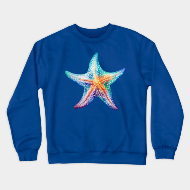 Rainbow Starfish – Colorful Ocean Beach Art Crewneck Sweatshirt by Kathy Hawke