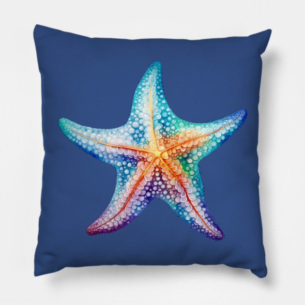 Rainbow Starfish – Colorful Ocean Beach Art Pillow by Kathy Hawke
