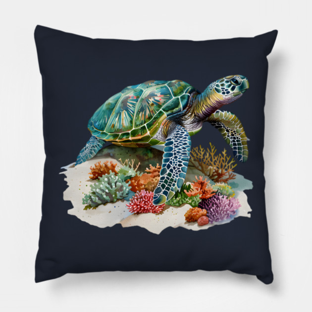Sea Turtle – Colorful Coral Reef Ocean Design Pillow by Kathy Hawke