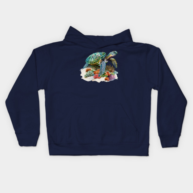 Sea Turtle – Colorful Coral Reef Ocean Design Kids Hoodie by Kathy Hawke