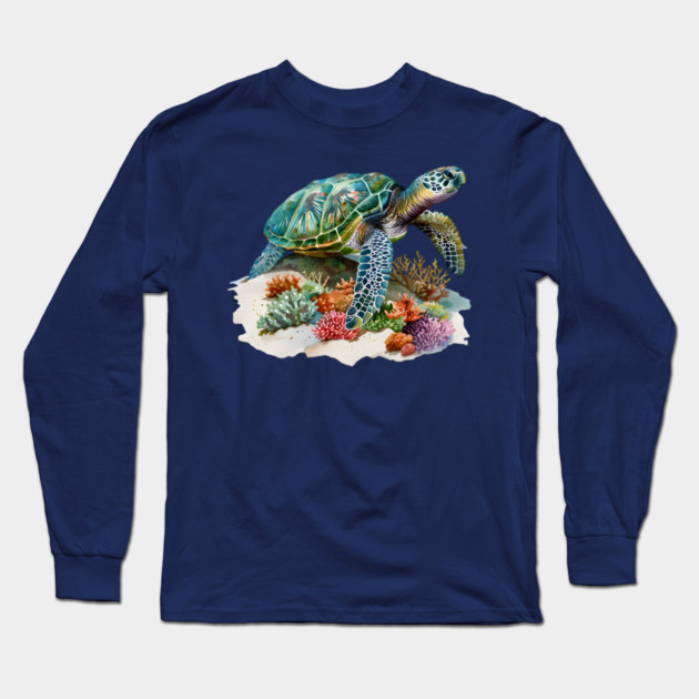 Sea Turtle – Colorful Coral Reef Ocean Design Long Sleeve T-Shirt by Kathy Hawke