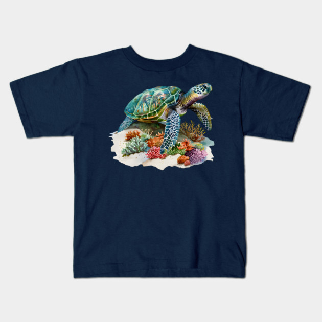 Sea Turtle – Colorful Coral Reef Ocean Design Kids T-Shirt by Kathy Hawke