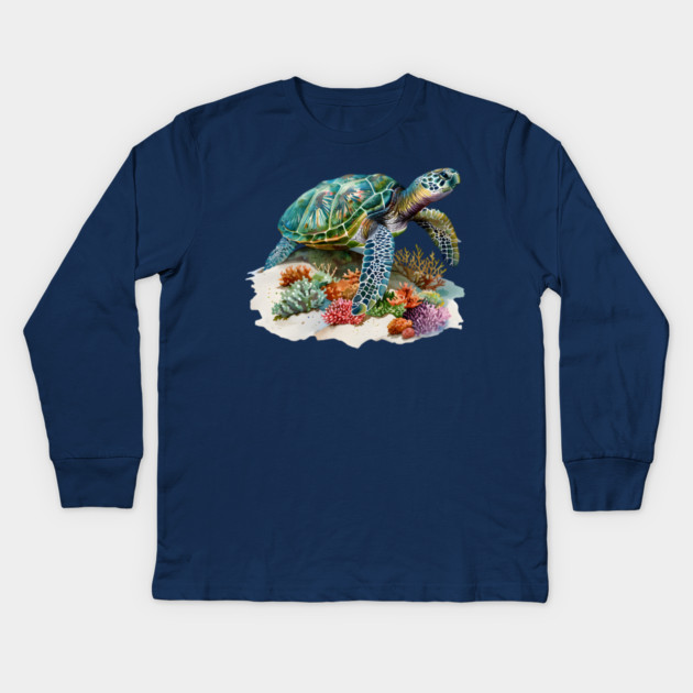 Sea Turtle – Colorful Coral Reef Ocean Design Kids Long Sleeve T-Shirt by Kathy Hawke