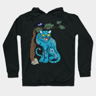 Blue Tiger with bird in the traditional Korean style Hoodie