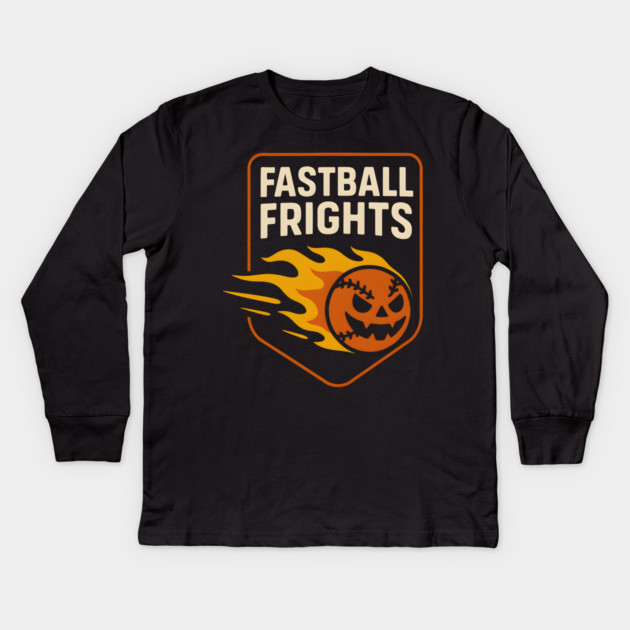 Fastball Frights Pumpkin Baseball Pun – Halloween Graphic Kids Long Sleeve T-Shirt by MakerMind8.2