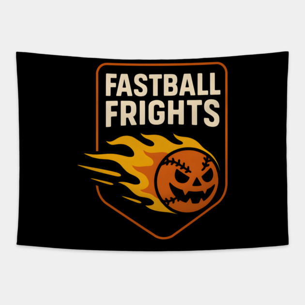 Fastball Frights Pumpkin Baseball Pun – Halloween Graphic Tapestry by MakerMind8.2