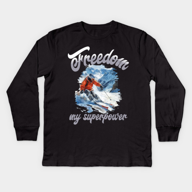 Freedom Skiing – Snow Sport Superpower Tee Kids Long Sleeve T-Shirt by Kathy Hawke