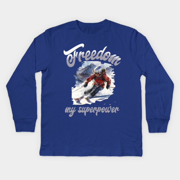 Freedom Skiing – Snow Sport Superpower Tee Kids Long Sleeve T-Shirt by Kathy Hawke