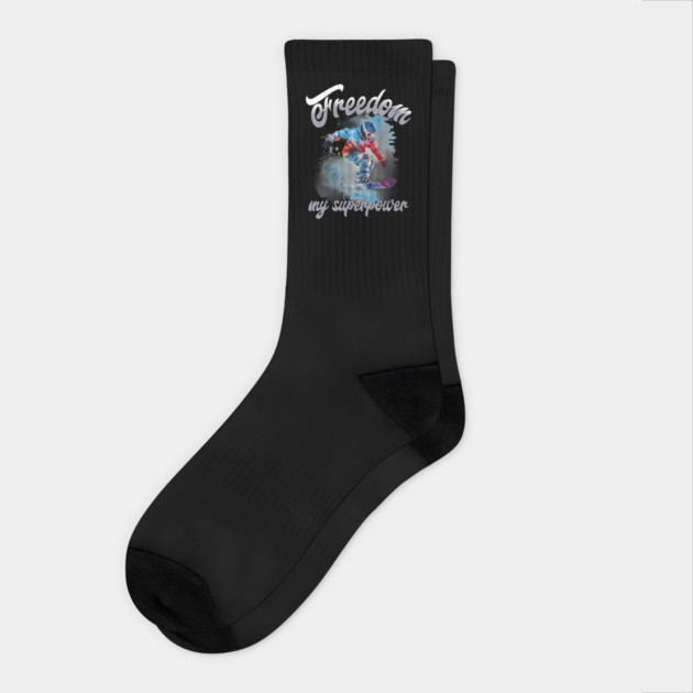 Freedom Snowboard – Snowboarding Superpower Tee Socks by Kathy Hawke