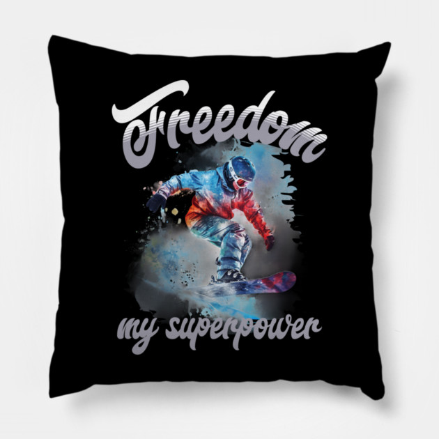Freedom Snowboard – Snowboarding Superpower Tee Pillow by Kathy Hawke