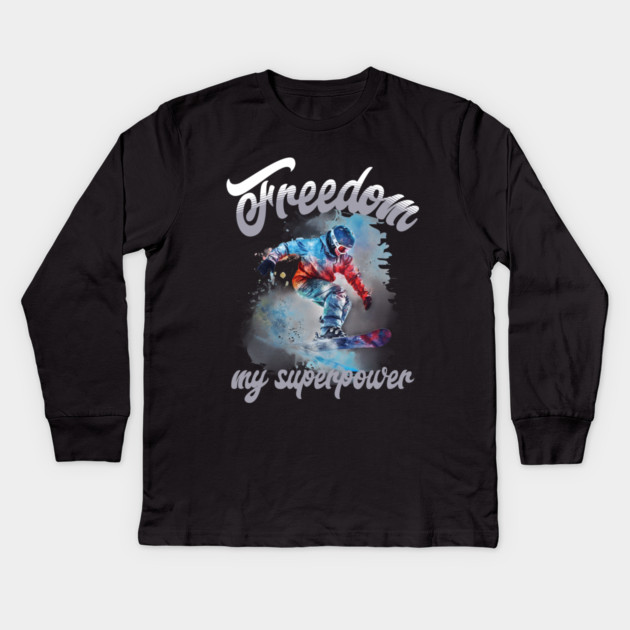 Freedom Snowboard – Snowboarding Superpower Tee Kids Long Sleeve T-Shirt by Kathy Hawke