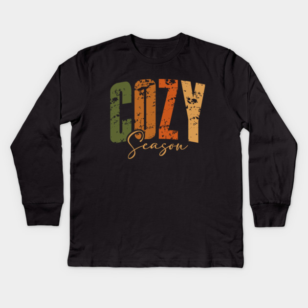 Cozy Season Fall Rustic Autumn Vibes Design Kids Long Sleeve T-Shirt by Kathy Hawke