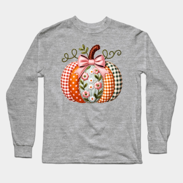 Floral Pumpkin Fall Design with Gingham and Bow Long Sleeve T-Shirt by Kathy Hawke