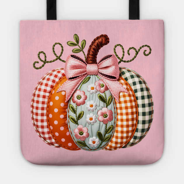 Floral Pumpkin Fall Design with Gingham and Bow Tote by Kathy Hawke