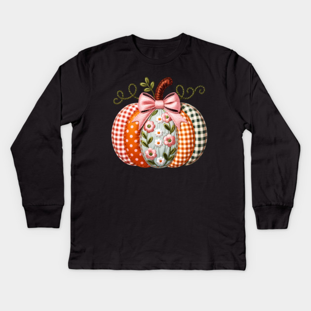 Floral Pumpkin Fall Design with Gingham and Bow Kids Long Sleeve T-Shirt by Kathy Hawke