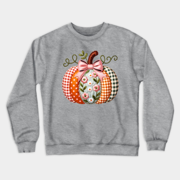 Floral Pumpkin Fall Design with Gingham and Bow Crewneck Sweatshirt by Kathy Hawke