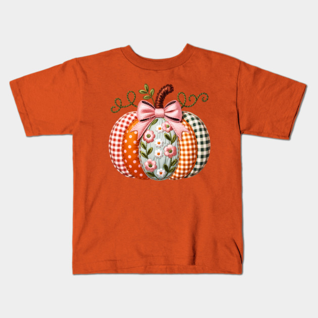 Floral Pumpkin Fall Design with Gingham and Bow Kids T-Shirt by Kathy Hawke
