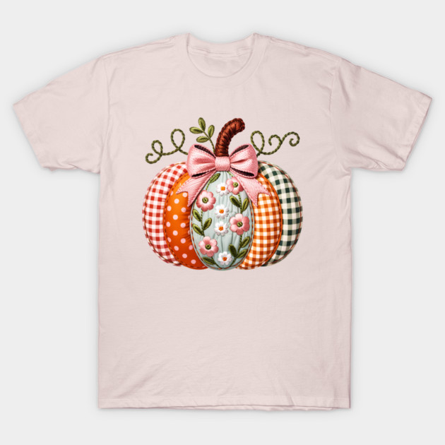 Floral Pumpkin Fall Design with Gingham and Bow T-Shirt by Kathy Hawke