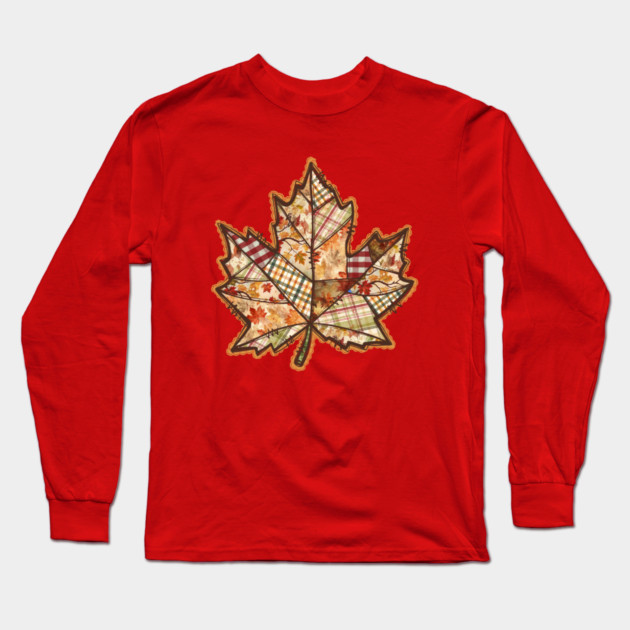 Quilted Maple Leaf Fall Patchwork Autumn Design Long Sleeve T-Shirt by Kathy Hawke