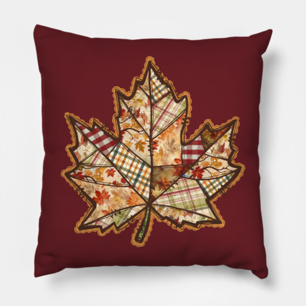 Quilted Maple Leaf Fall Patchwork Autumn Design Pillow by Kathy Hawke
