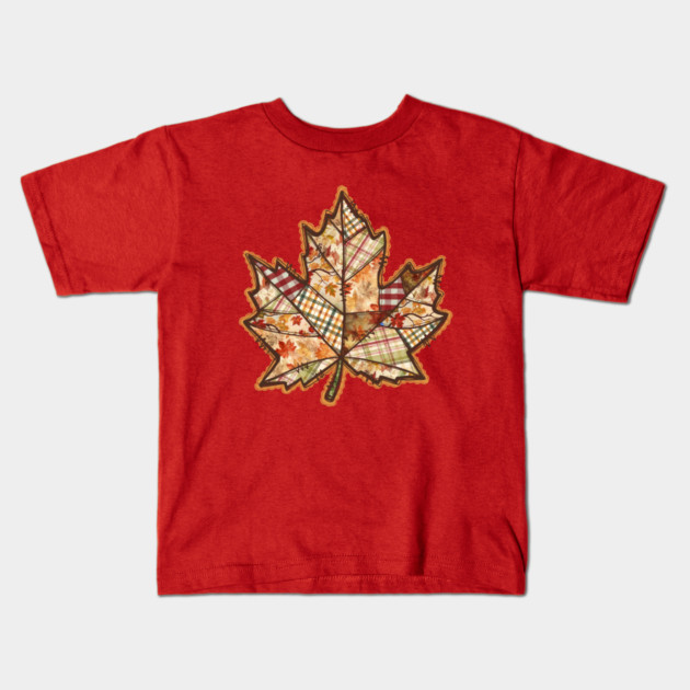 Quilted Maple Leaf Fall Patchwork Autumn Design Kids T-Shirt by Kathy Hawke
