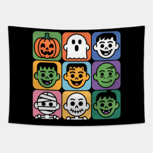 Cute Halloween Monster Faces Grid Tapestry