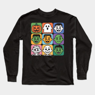 Cute Halloween Monster Faces Grid Long Sleeve T-Shirt
