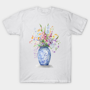 Colorful Watercolor Flowers in Blue Vase – Botanical Floral Painting T-Shirt