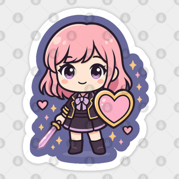 Kawaii Heart Warrior Girl with Sword and Shield Sticker by Anne Lee
