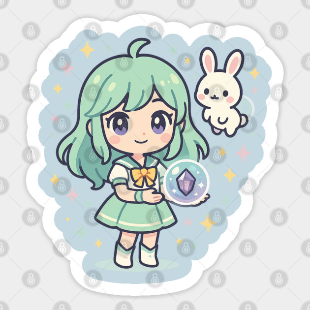 Kawaii Magic Girl with Bunny and Crystal Orb Sticker by Anne Lee