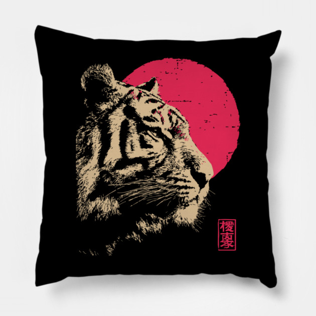Red Sun Tiger - Japanese Ukiyo-e Style Pillow by TuncGK