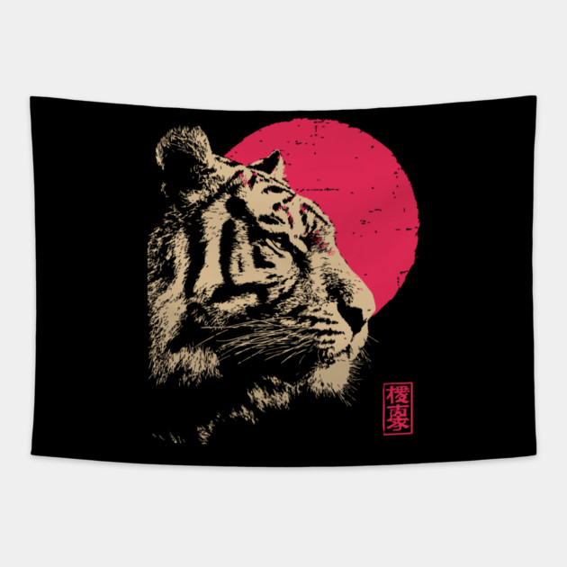 Red Sun Tiger - Japanese Ukiyo-e Style Tapestry by TuncGK